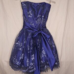 Jessica McClintock Gunne Sax Blue Silver Metallic Floral Strapless‎ Dress Size 3